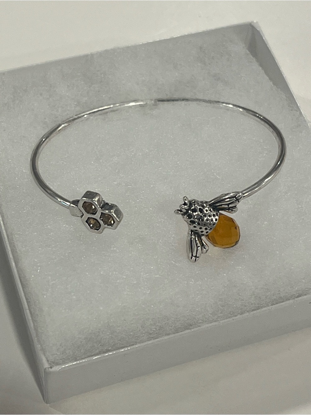 Silver-Tone Honey Bee Cuff Bracelet with Amber Stone Adjustable- bumblebee